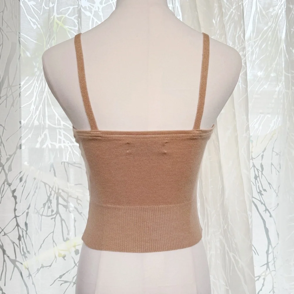 REFORMATION TAN KNIT SPAGHETTI STRAP V-NECK CROP TOP - Picture 3 of 7